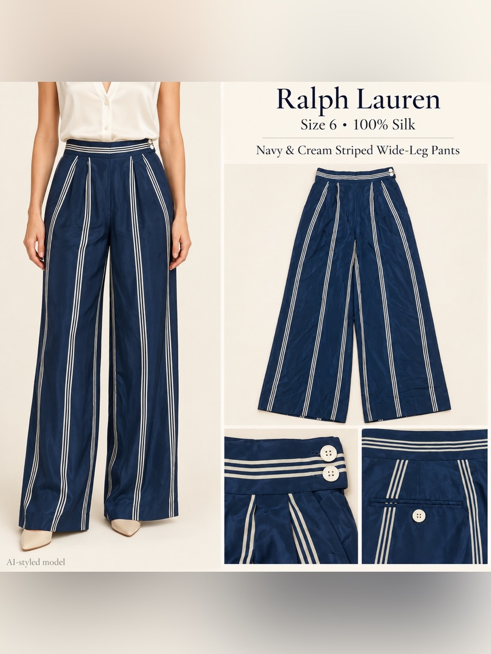 Ralph Lauren 100% Silk Striped Wide Leg Pants – Size 6